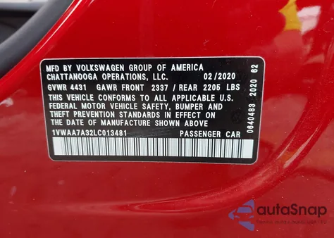 2020 Volkswagen Passat 2.0T S from USA, damaged, VIN 1VWAA7A32LC013481